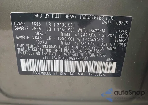 2016 Subaru Outback 2.5I Limited z USA, uszkodzony, nr VIN 4S4BSALC0G3235341